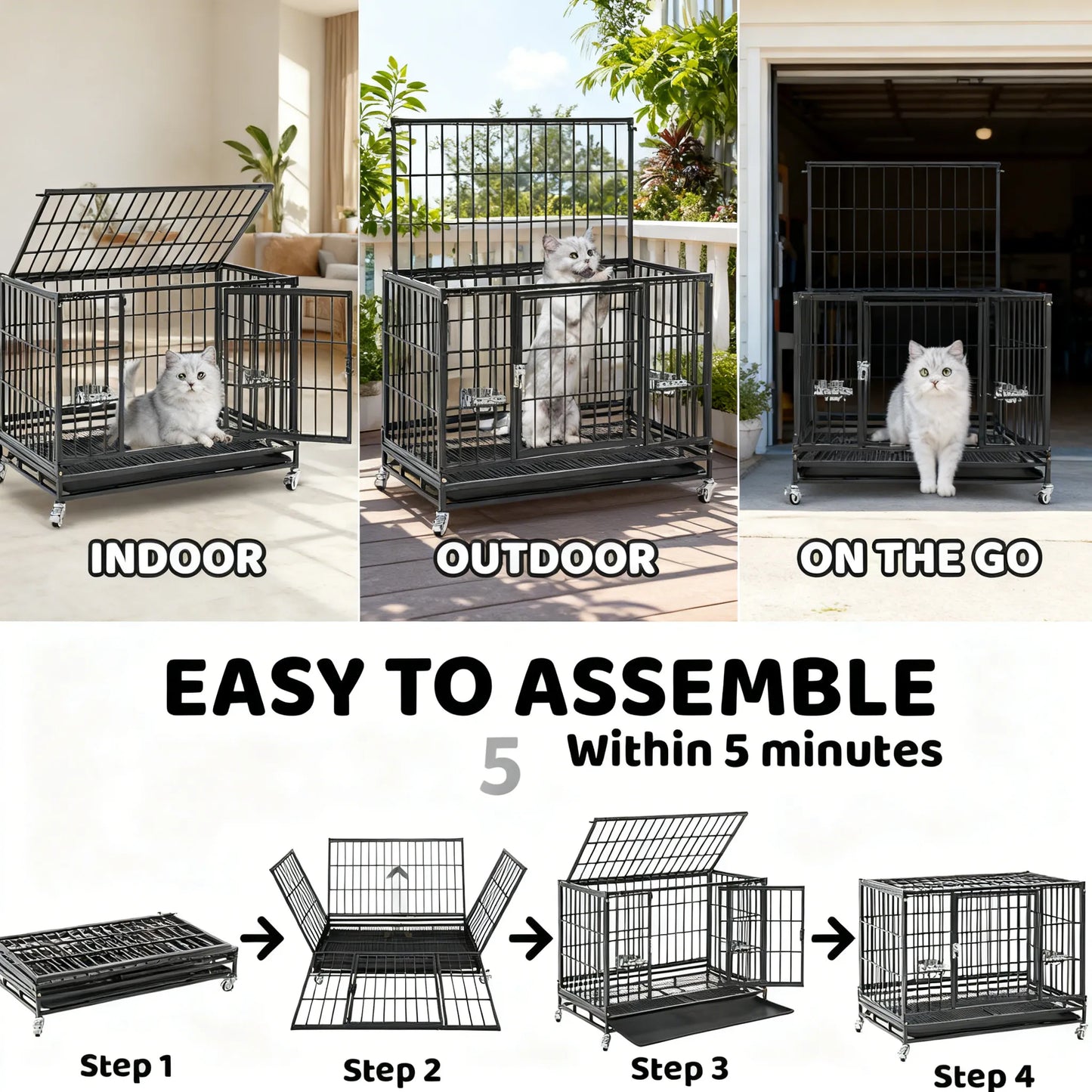 Stackable Dog Cage – 37 Inch, Escape Proof, Lockable Wheels, Removable Tray, Double Doors