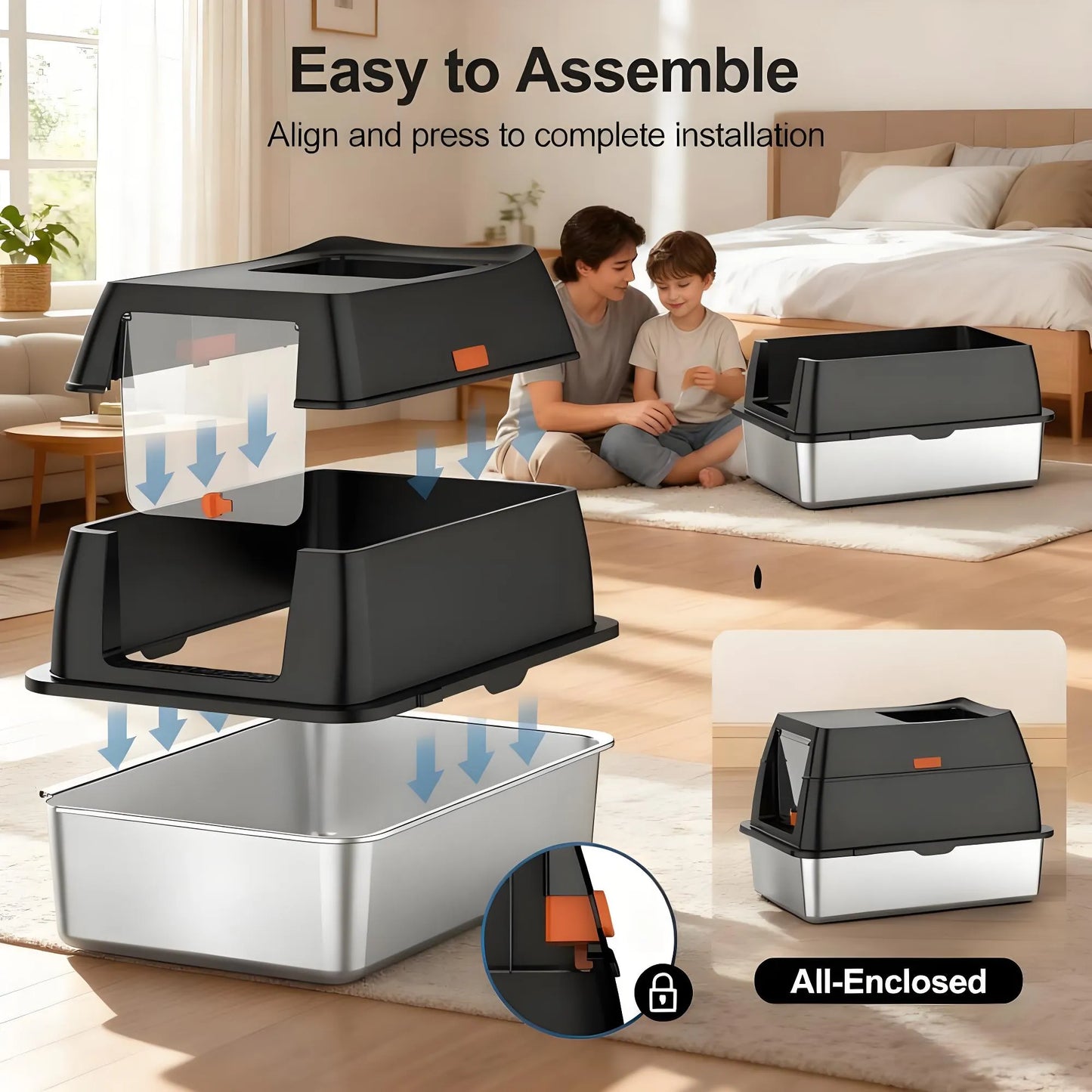 Stainless Steel Litter Box with Lid – Large Enclosed, Front Entry, Scoop & Mat