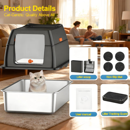 Stainless Steel Litter Box with Lid – Large Enclosed, Front Entry, Scoop & Mat