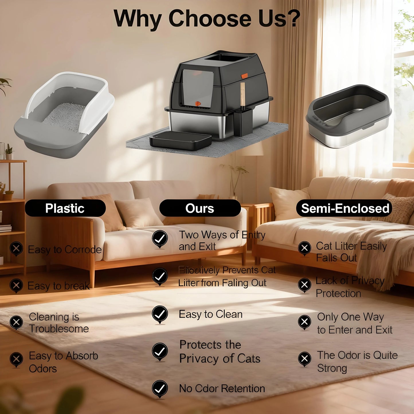 Stainless Steel Litter Box with Lid – Large Enclosed, Front Entry, Scoop & Mat