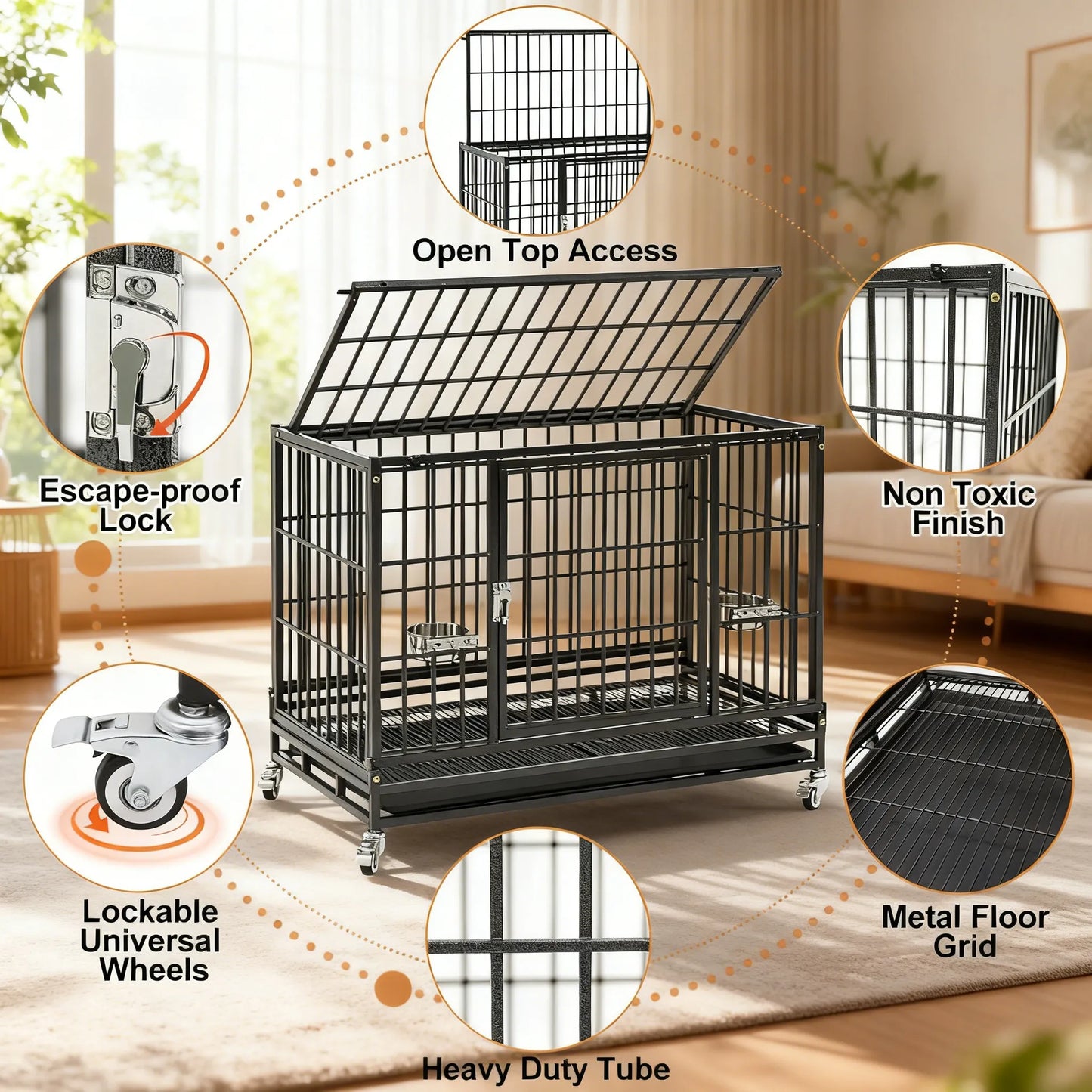 Stackable Dog Cage – 37 Inch, Escape Proof, Lockable Wheels, Removable Tray, Double Doors