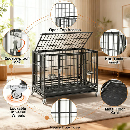 Stackable Dog Cage – 37 Inch, Escape Proof, Lockable Wheels, Removable Tray, Double Doors