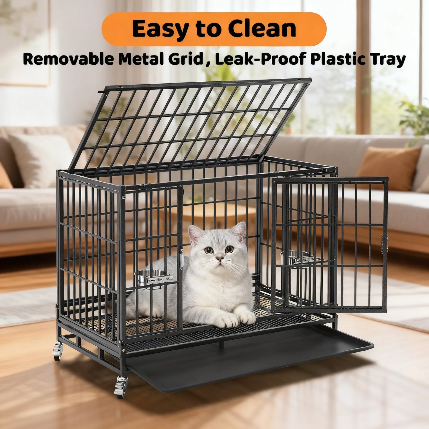 Stackable Dog Cage – 37 Inch, Escape Proof, Lockable Wheels, Removable Tray, Double Doors