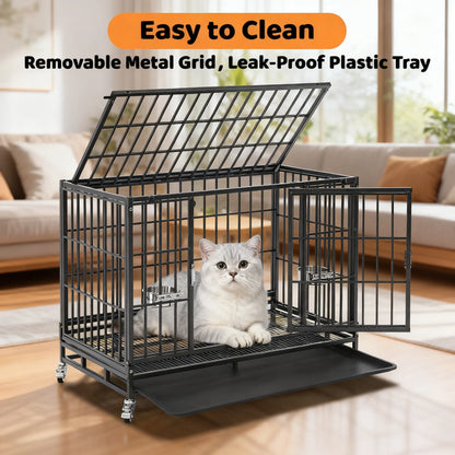 Stackable Dog Cage – 37 Inch, Escape Proof, Lockable Wheels, Removable Tray, Double Doors