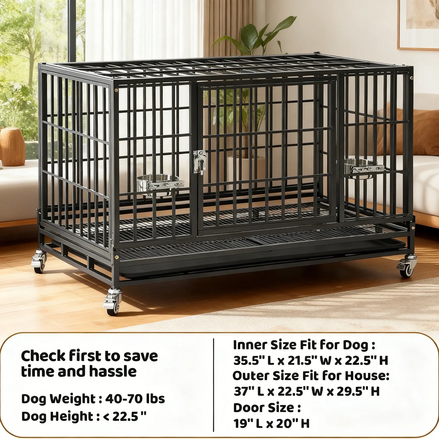 Stackable Dog Cage – 37 Inch, Escape Proof, Lockable Wheels, Removable Tray, Double Doors