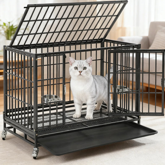 Stackable Dog Cage – 37 Inch, Escape Proof, Lockable Wheels, Removable Tray, Double Doors