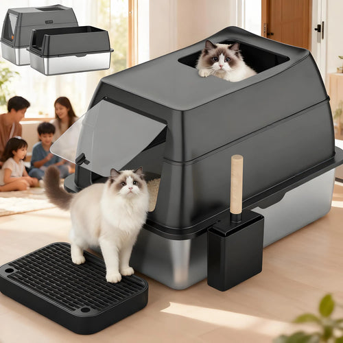 Stainless Steel Litter Box with Lid – Large Enclosed, Front Entry, Scoop & Mat