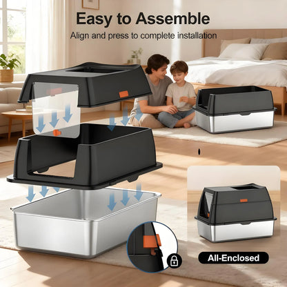 Stainless Steel Litter Box with Lid – Large Enclosed, Front Entry, Scoop & Mat