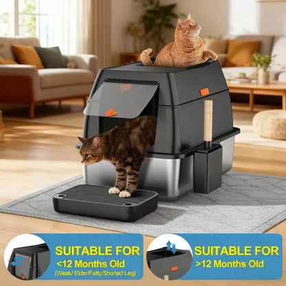 Stainless Steel Litter Box with Lid – Large Enclosed, Front Entry, Scoop & Mat